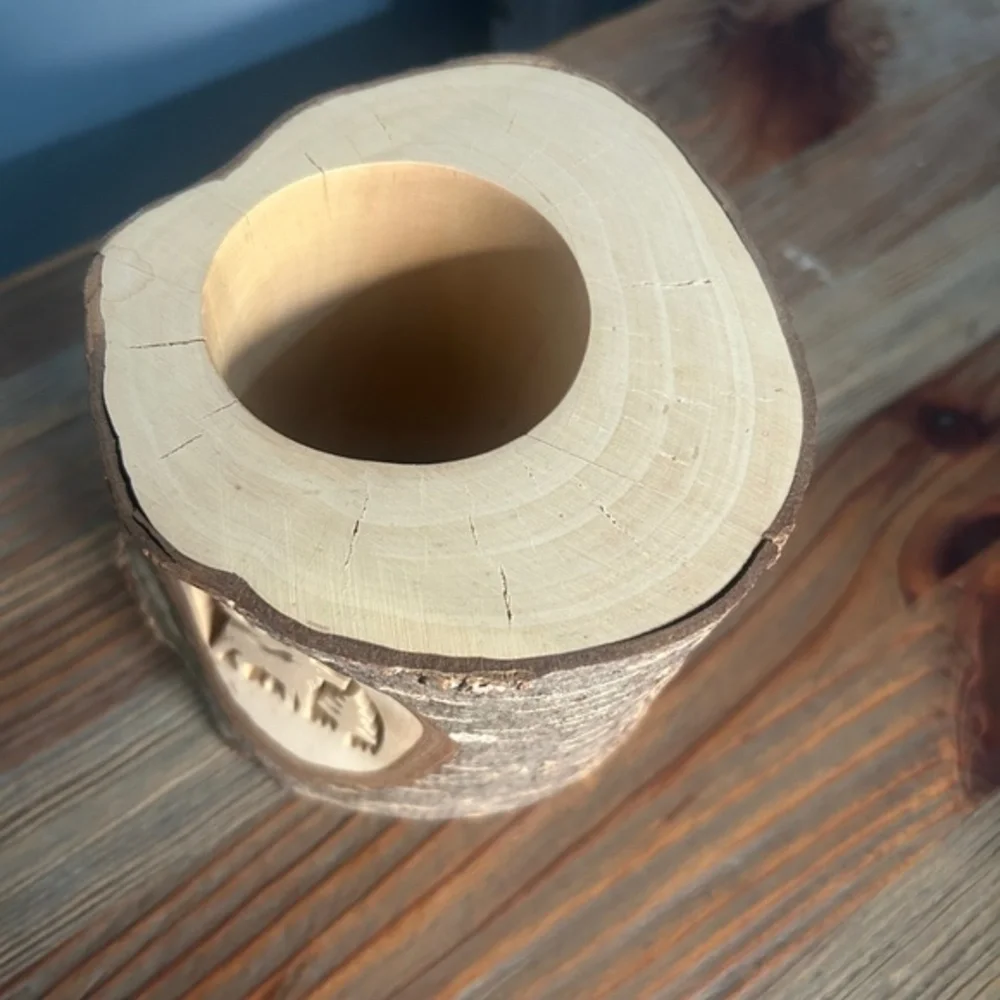Rustic Wood Log‎ Candle Holder Moose Carved Tree Stump Decor Cabin